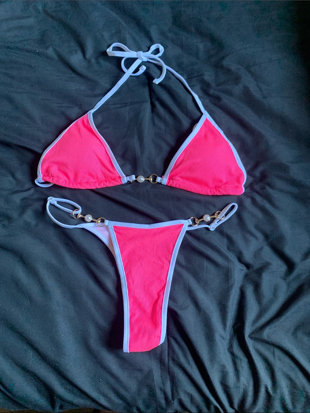 Hot Pink Contrast Trim Triangle Bikini